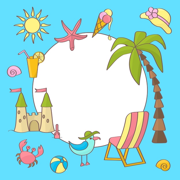 Cadre vectoriel sur le thème des vacances à la mer d'été sur fond bleu
