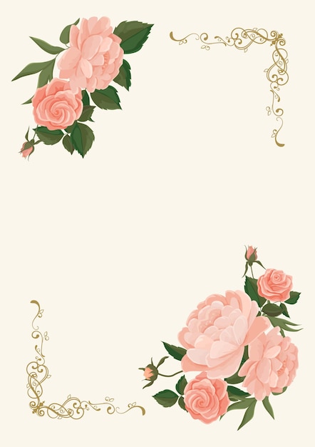 Cadre Vertical Grandes Roses Roses Tendres Et Pivoines. Convient Pour La Décoration De Mariage Et Les Invitations