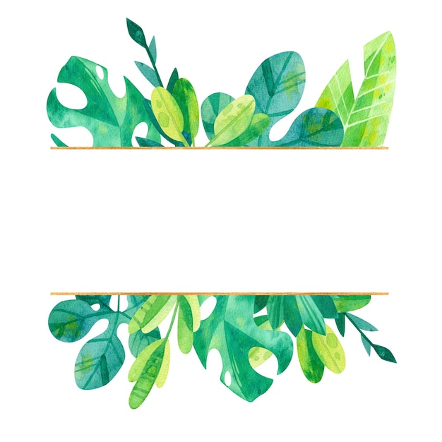 Cadre vide avec des feuilles de la jungle Feuilles tropicales bordure aquarelle clipart Cadre vide avec des verts