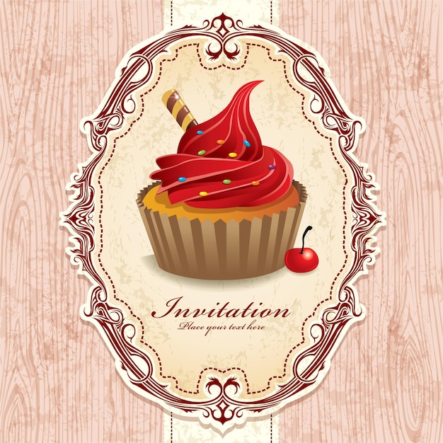 Cadre Vintage Avec Modèle D'invitation Cupcake