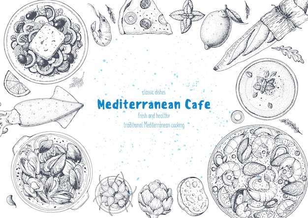 Vecteur cadre de vue de dessus de cuisine méditerranéenne un ensemble de plats méditerranéens modèle de conception de menu alimentaire illustration vectorielle de croquis dessinés à la main vintage