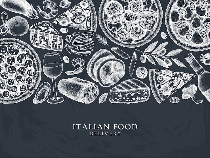 Vecteur cadre de vue de dessus de pizza, pâtes, raviolis et ingrédients dessinés à la main. menu de la cuisine italienne et des boissons sur tableau noir. modèle d. croquis vintage de cuisine italienne pour la livraison de nourriture, pizzeria