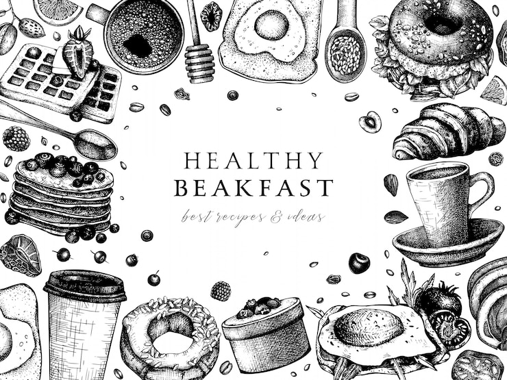 Vecteur cadre de vue de dessus de table de petit déjeuner. modèle de menu de nourriture du matin. fond de plats petits déjeuners et brunchs. croquis de nourriture dessinés à la main vintage. petit-déjeuner de style gravé.
