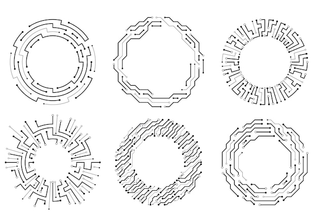 Cadres de cercle de carte de circuit imprimé Carte de matériel de cadre rond numérique abstrait et jeu de vecteurs de modèle de carte mère électronique