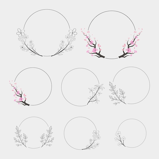 Des cadres circulaires avec des fleurs de cerisier et des fleurs