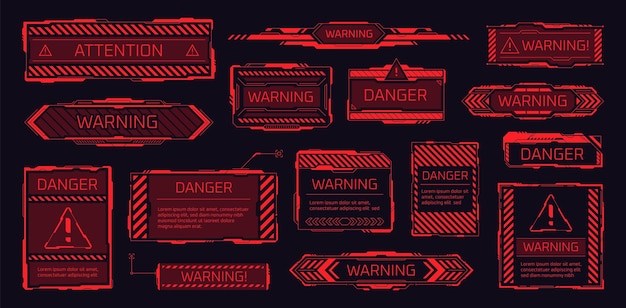 Cadres de danger Hud Bannière dangereuse cyber box alerte à la pollution étiquette d'attention highalert panneau rouge avertissement tech frame message d'échec interface numérique illustration vectorielle criarde