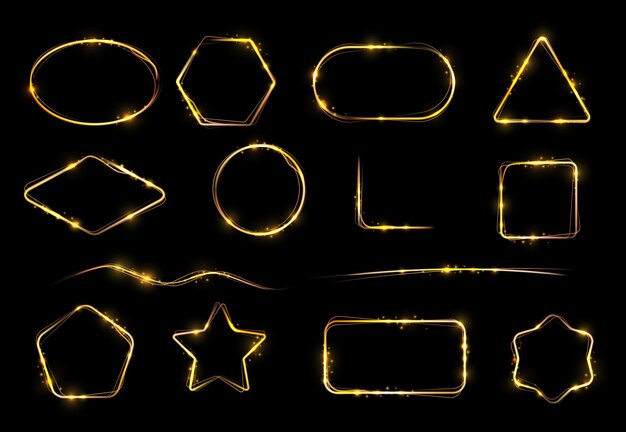 Cadres avec flamme scintille effet de lumière brillante bordures vectorielles lignes et coins sur fond noir cercle brillant or losange étoile carrée et triangle pentagone et hexagone magie paillettes dorées