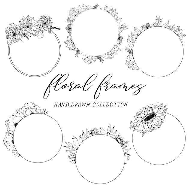 Cadres floraux ronds, logos, illustration dessinés à la main
