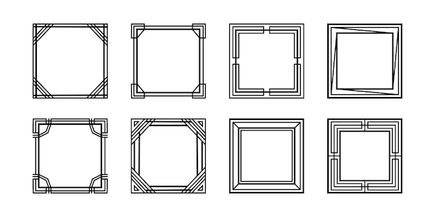 Cadres géométriques noirs, lignes vectorielles, cadres carrés rétro vintage pour le placement de textes ou de photos