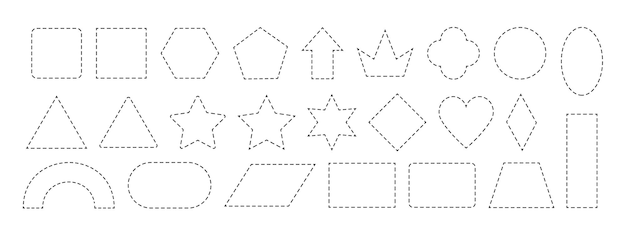 Cadres de ligne de tiret Formes de contour découpés Cadre de ligne pour la conception de coupons ou de bons de paiement Cadre géométrique de base rectangle carré cercle et formes ovales et étoile de couronne et symboles de cœur Set vectoriel de bordure