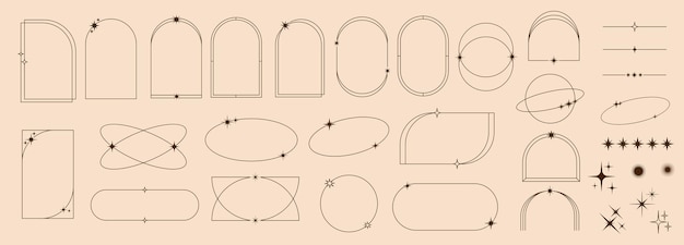 Des cadres linéaires minimaux et des bordures avec des étoiles scintillantes, des étincelles et des formes d'arches, un vecteur de contour, des cadre linéaires minimales simples et des frontières d'art linéaire ou des éléments d'arc avec des éclats d'étoiles magiques célestes.
