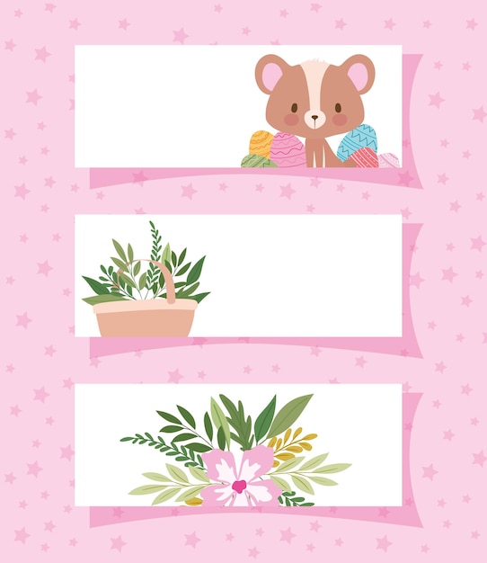 Cadres Avec Un Ours Mignon Et Un Panier Plein De Conception D'illustration De Plantes