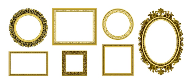 Vecteur cadres photo dorés bordure de photo antique royale éléments de murs ornementaux intérieurs vides de style ancien ensemble de coins décoratifs de luxe ronds et carrés modèle de cadres de portrait vectoriel