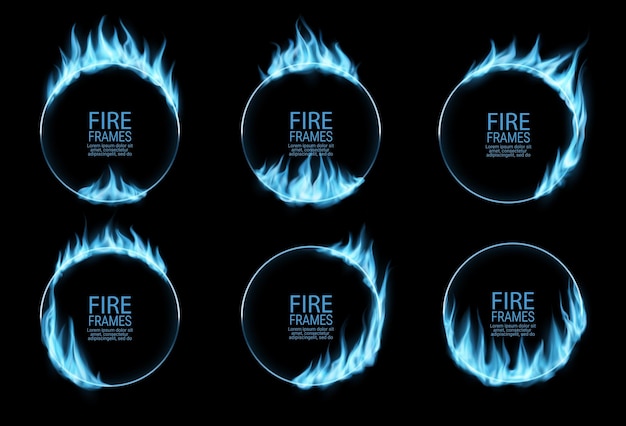 Vecteur cadres ronds flammes de feu de gaz bleu dans des anneaux de cercle