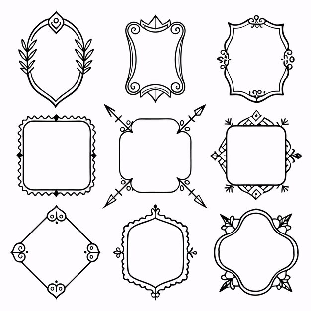 Des cadres vintage ornés et des éléments décoratifs Illustration en noir et blanc