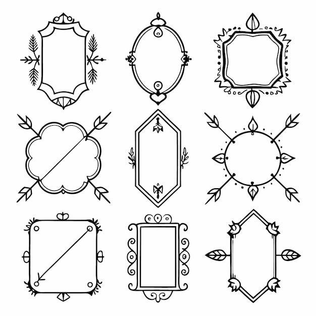 Des cadres vintage ornés et des éléments décoratifs Illustration en noir et blanc