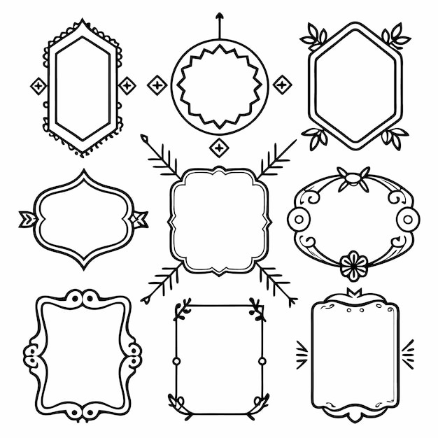 Des cadres vintage ornés et des éléments décoratifs Illustration en noir et blanc
