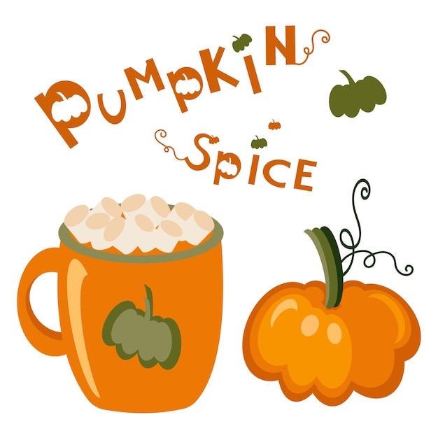 Café au lait avec citrouille, citrouille lumineuse et lettrage dessiné à la main dit Pumpkin Spice