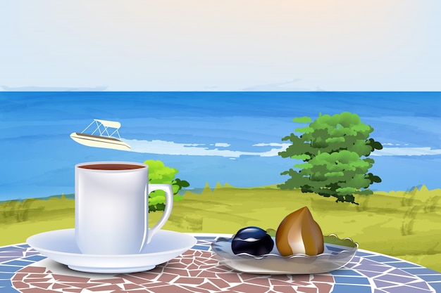 Vecteur café et bonbons orientaux sur fond de mer l'été
