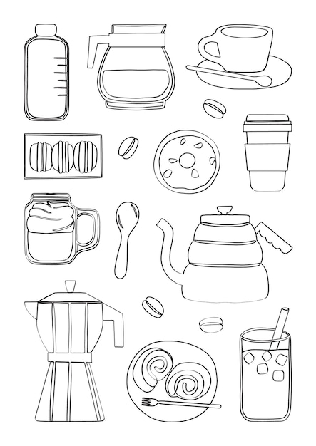 Café Dessiné à La Main, Nourriture Et éléments De Cafetière, Illustration D'art De Dessin Animé