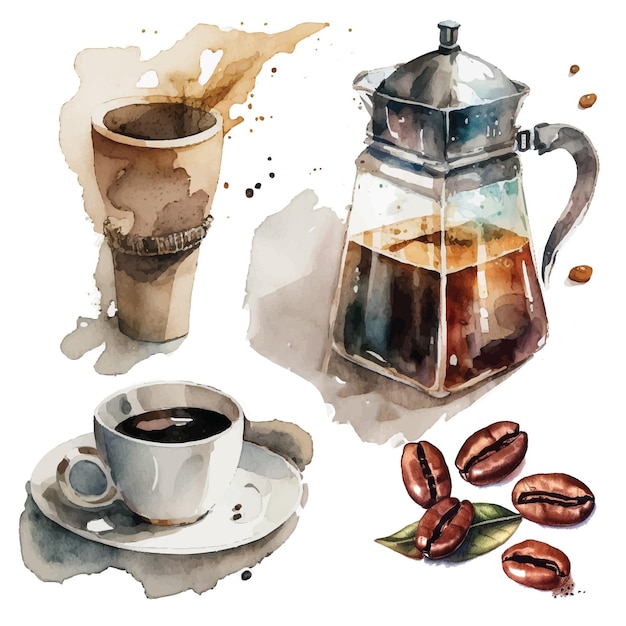 café été et théière café aquarelle partie 1