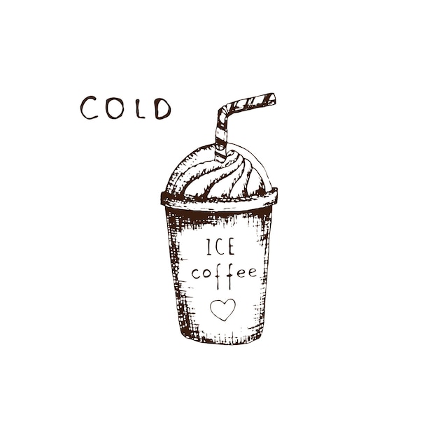 Café Froid Vintage Dessiné à La Main Avec Une Paille. Illustration Vectorielle. Prenez Du Café Glacé Et Du Café à Emporter Avec Vous. Crayon Dessiné Dans Un Style De Gravure Vintage. Séparément Sur Un Fond Blanc.