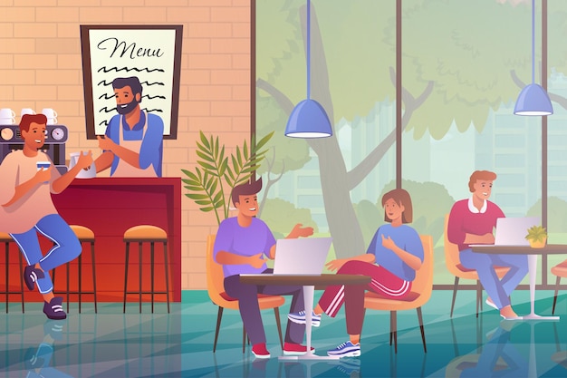 Café intérieur moderne avec concept de visiteurs en dessin animé plat hommes et femmes assis
