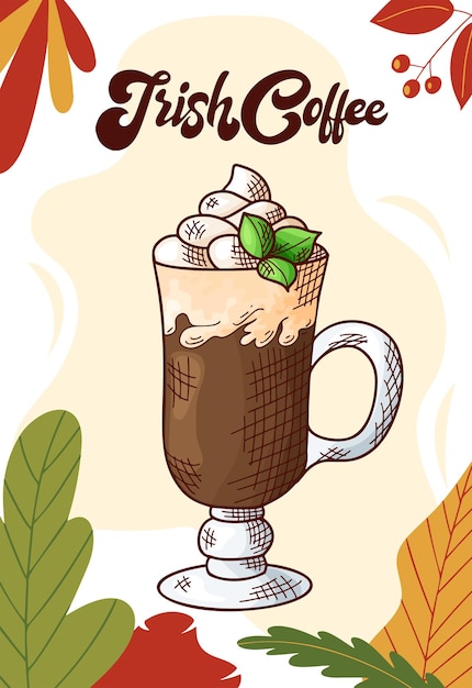 Café Irlandais. Tasse De Boisson Chaude Pour Le Menu De Noël. Collecte Colorée. Illustration Vectorielle Dessinés à La Main