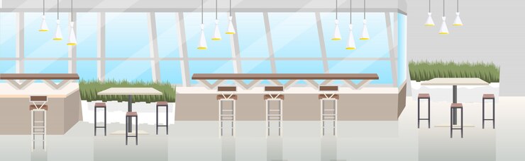 Vecteur café moderne intérieur vide aucun restaurant de personnes avec des meubles bannière horizontale plate