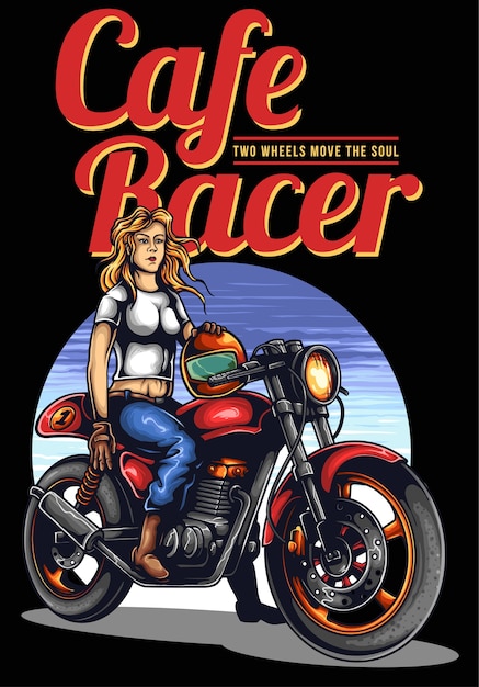 Vecteur café racer femme avec moto vintage