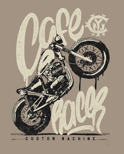 Café Racer Vintage Motorcycle Dessiné à La Main Tshirt Imprimé