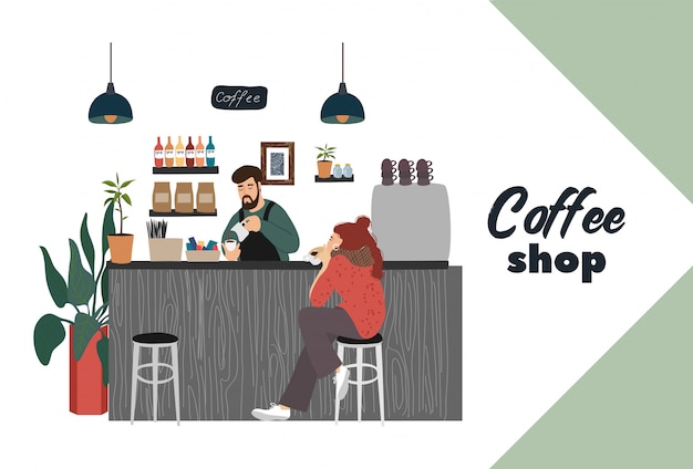 Café-restaurant avec visiteur jeune fille assise dans un bar barista fait une boisson chaude