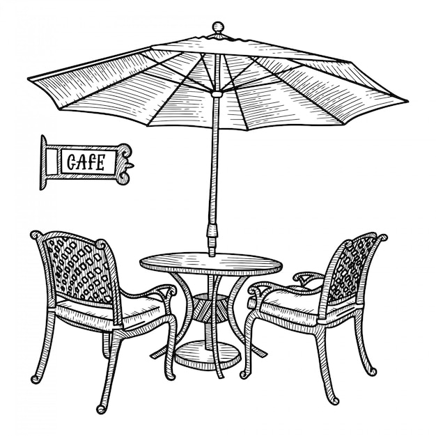 Café De Rue Dessiné à La Main - Table, Deux Chaises Et Ambrella Ou Parasol. Croquis Dessiné Main Pour La Conception De Menus, Ville De Restaurant De Croquis, Architecture Extérieure, Illustration Vintage Noir Et Blanc.