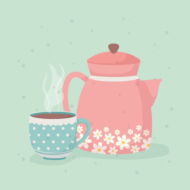 Vecteur café et tasse de thé et bouilloire boisson fraîche