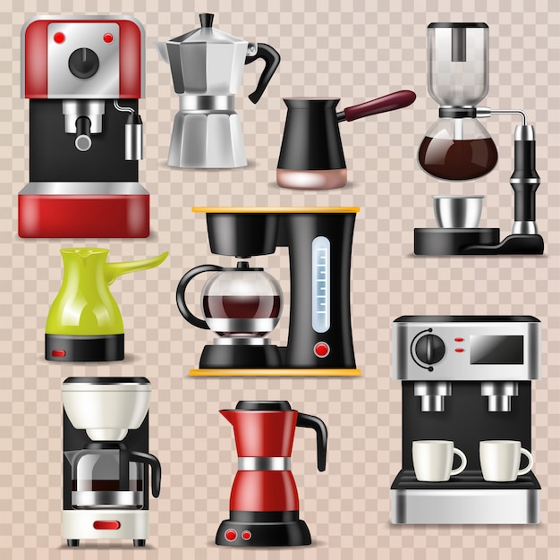 Cafetière et machine à café pour une boisson expresso avec de la caféine dans un ensemble d'illustration de café d'équipement professionnel faisant une boisson au cappuccino isolé sur fond transparent