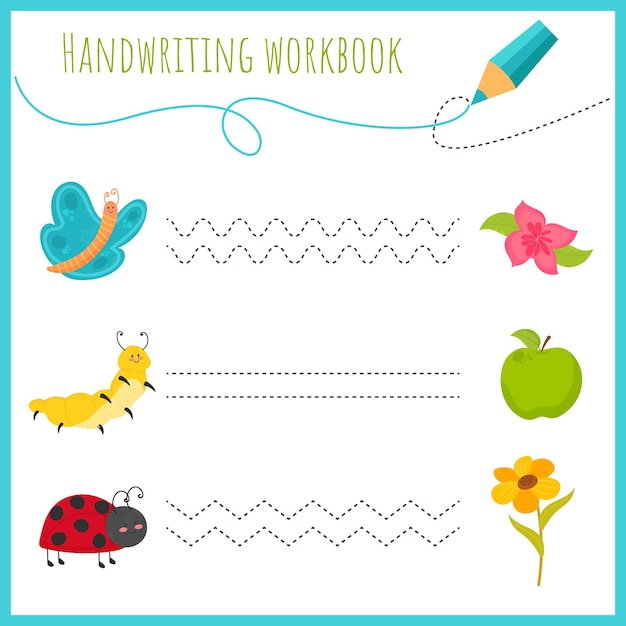 Vecteur cahier d'exercices d'écriture manuscrite pour enfants feuilles de travail pour apprendre les lettres livre d'activités pour enfants éducatif