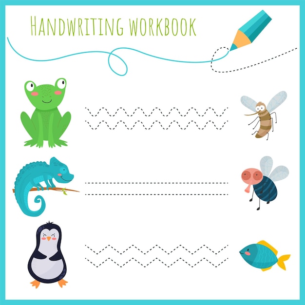 Vecteur cahier d'exercices d'écriture manuscrite pour enfants feuilles de travail pour apprendre les lettres livre d'activités pour enfants pages éducatives pour le préscolaire grenouille caméléon pingouin moustique poisson mouche