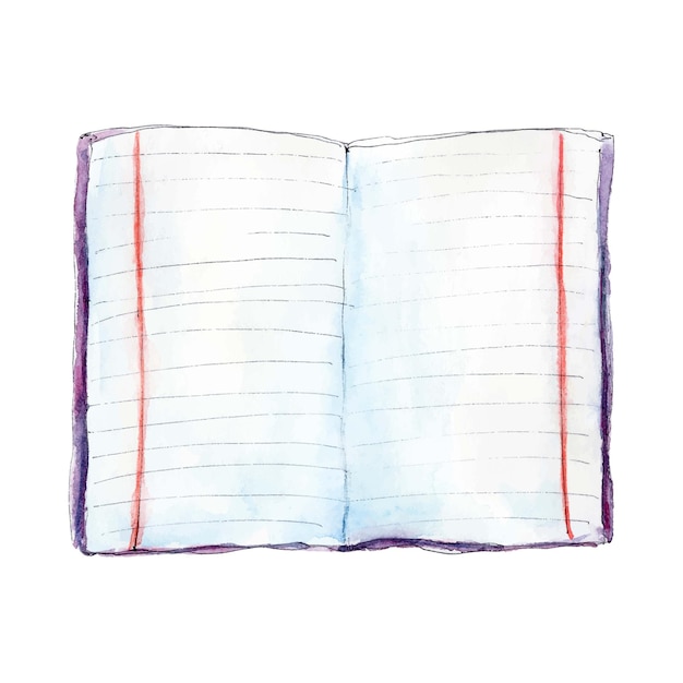 Cahier d'exercices scolaires ligné ouvert aquarelle illustration mignonne dessinée à la main isolée sur fond blanc
