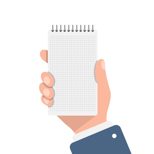 Cahier à la main illustration dans un style plat Illustration vectorielle de feuille de papier sur fond isolé Concept d'entreprise de signe de page
