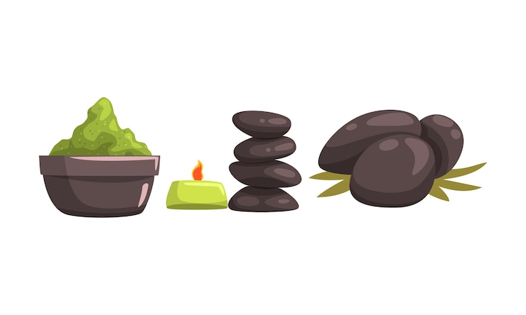 Vecteur des cailloux chauds et de la poudre verte dans un bol pour un ensemble vectoriel de traitement de spa
