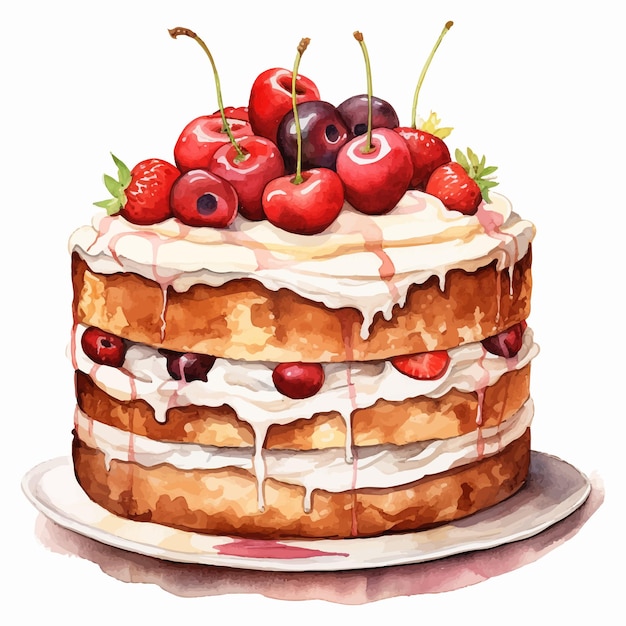 Vecteur cake avec des baies illustration tranche de gâteau avec des cerises bleuets framboises crème