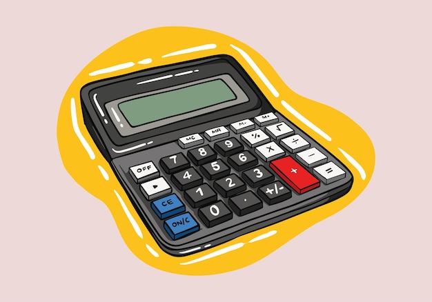 Calculatrice dessinée à la main, appareil mathématique. Analytique financière, icône vectorielle. Style minimal de dessin animé.