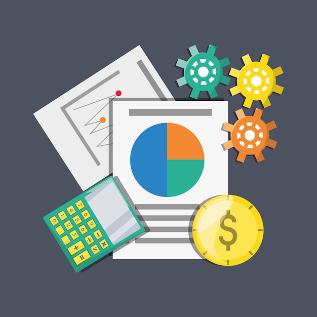 Vecteur calculatrice de documents et de pièces de monnaie concept d'investissement