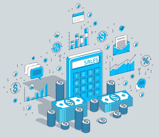 Calculatrice avec piles d'argent liquide et piles de pièces isolées sur fond blanc, concept de vente. Illustration de finance vectorielle 3d isométrique avec icônes, graphiques de statistiques et éléments de conception.