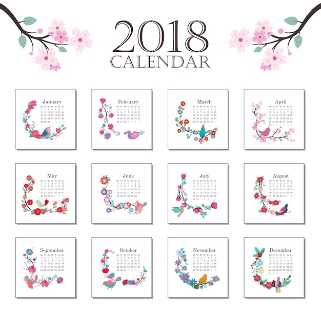 Vecteur calendrier 2018 avec de beaux oiseaux et fleurs colorés