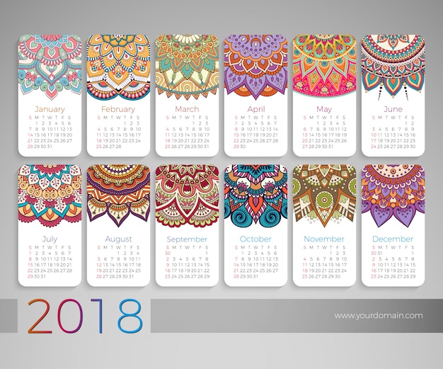 Calendrier 2018. éléments Décoratifs Vintage. Motif Oriental, Illustration Vectorielle.