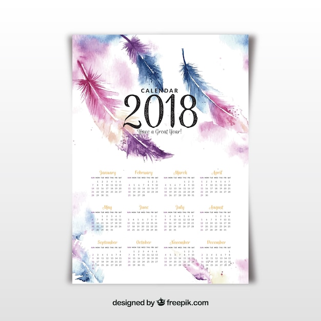 Calendrier 2018 Avec Plumes Aquarelles