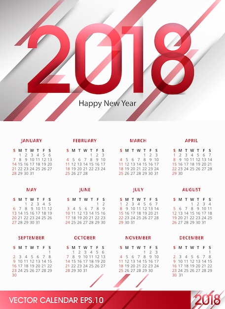 Vecteur calendrier 2018 en texte rouge