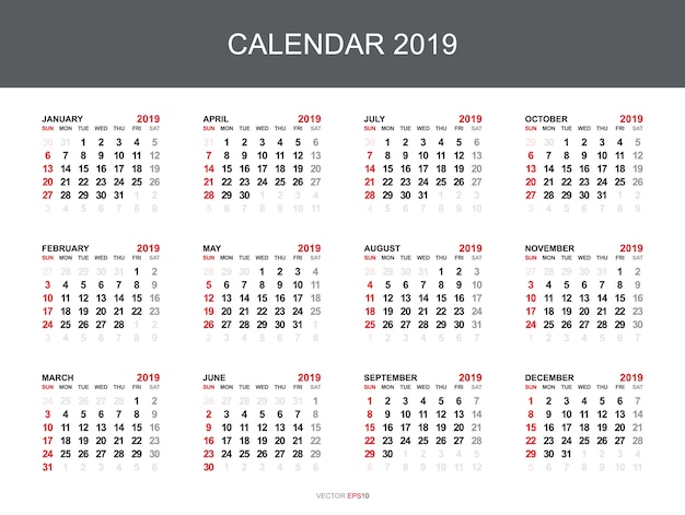 Calendrier 2019 avec 12 mois sur fond blanc.