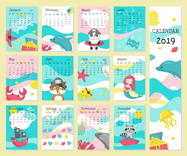 Vecteur calendrier 2019 avec des animaux pirates